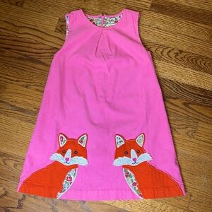 Mini Boden pink corduroy dress with sweet foxes on front. Size 7-8Y.